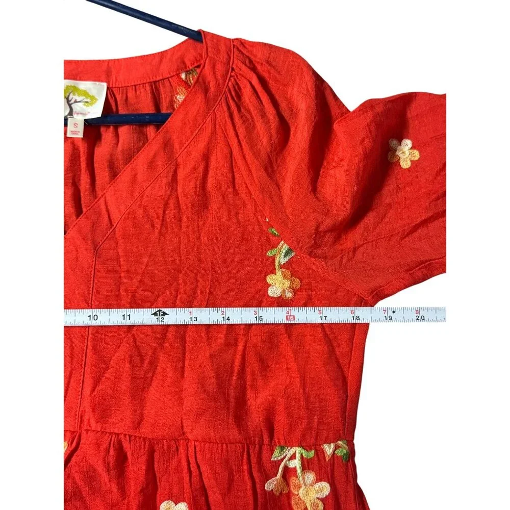 Fig‎ and Flower Red Embroidered Boho Ruffle Sleeve Babydoll Mini Dress Small x1